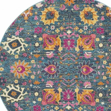 Homeroots 4 ft. Round Denim Blue Florals Distressed Area Rug 385173